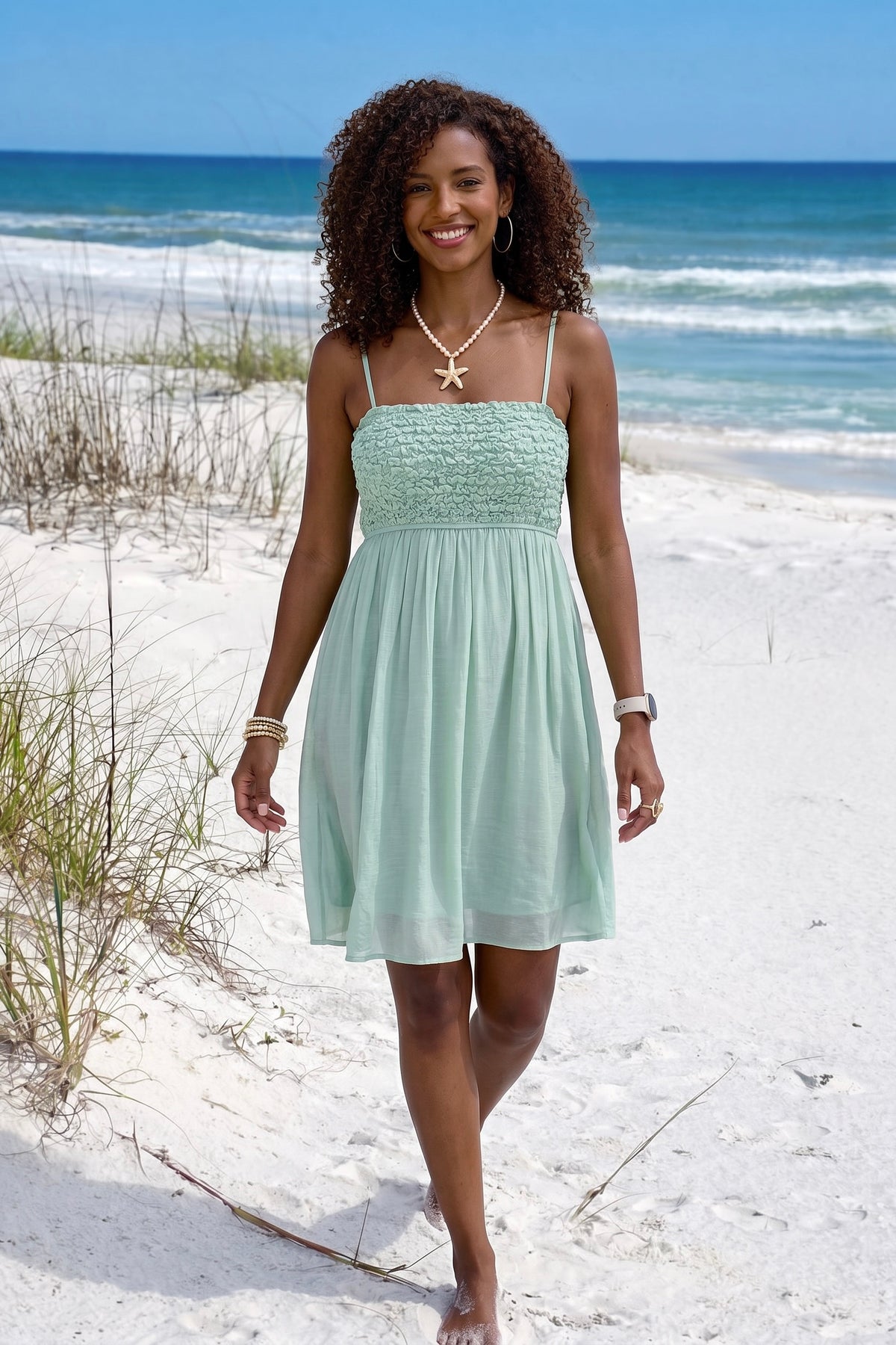 Carter Popcorn Smocked Dress : Sage