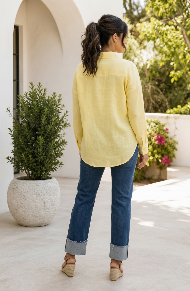 Anissa Crinkled Button Up Collar Top : Yellow