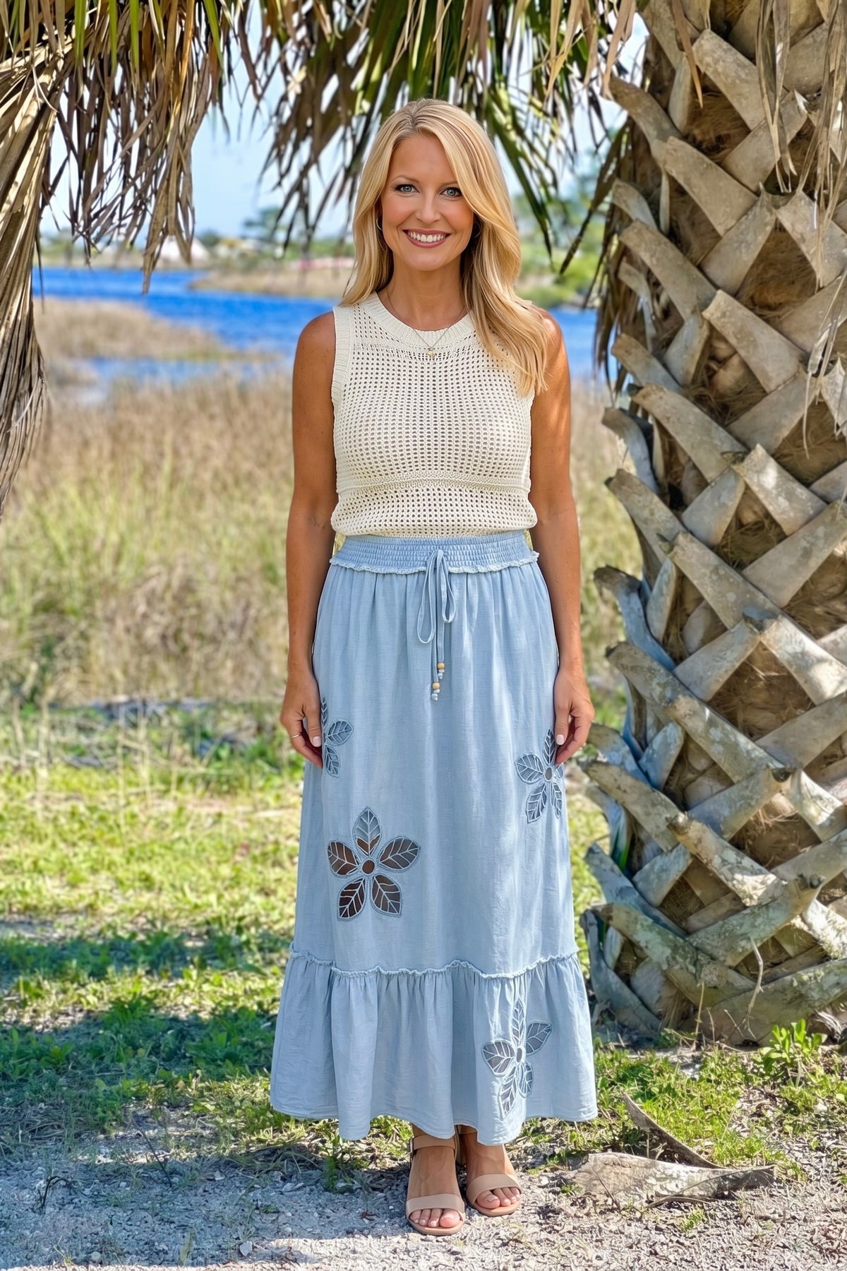 Chana Embroidered Tiered Midi Skirt : Chambray