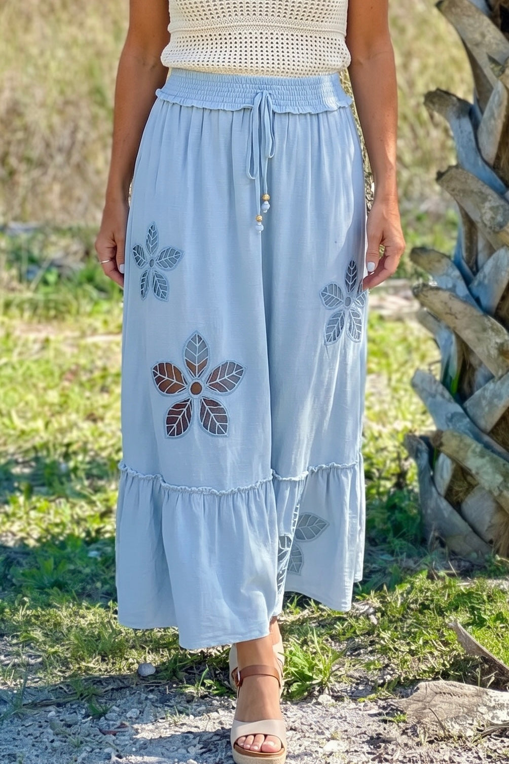 Chana Embroidered Tiered Midi Skirt : Chambray
