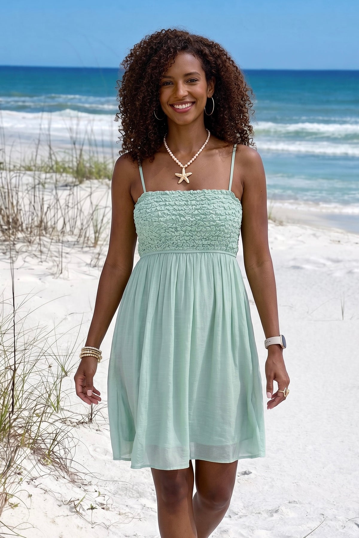 Carter Popcorn Smocked Dress : Sage