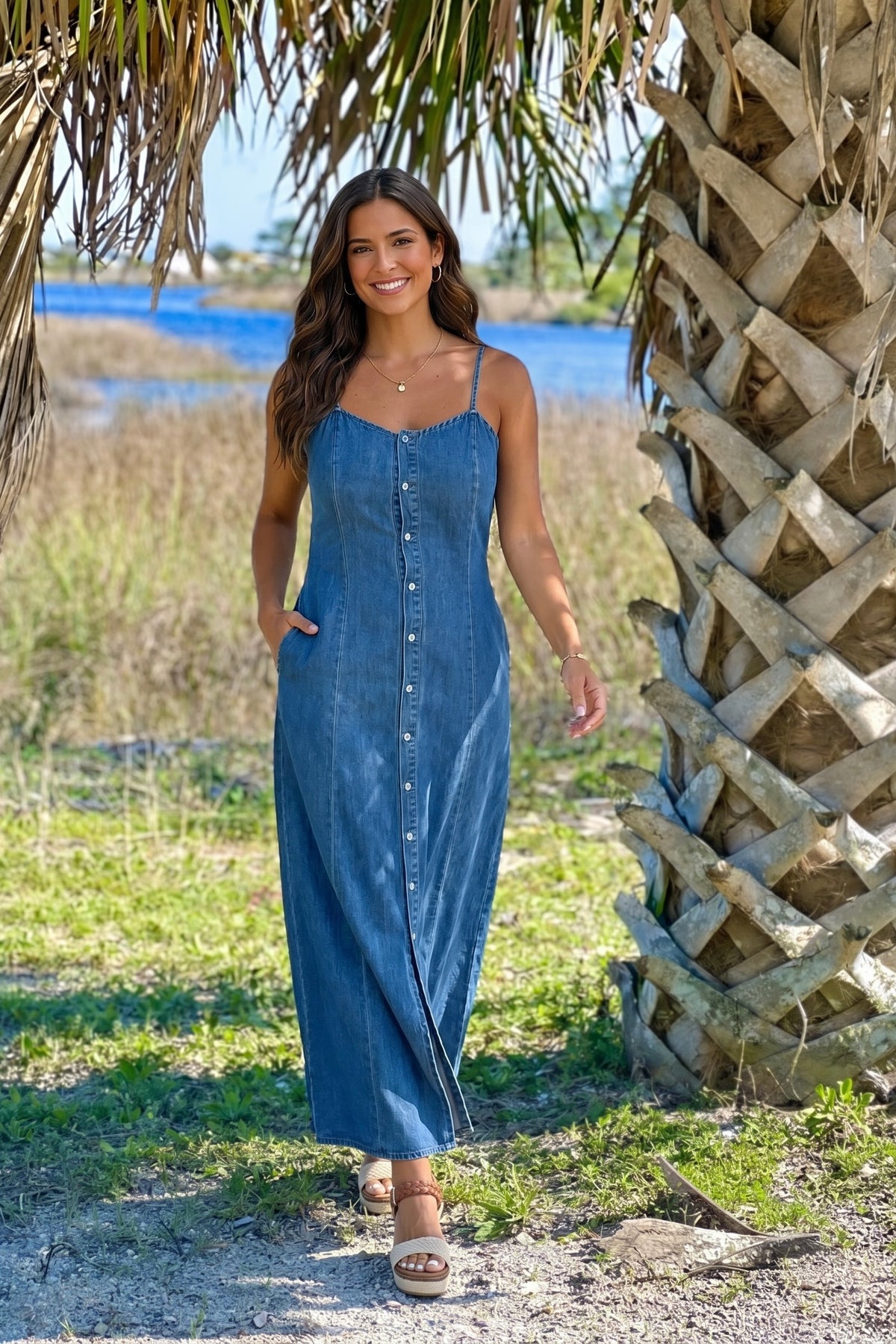 Janiyah Button Front Tencel Maxi Dress : Denim