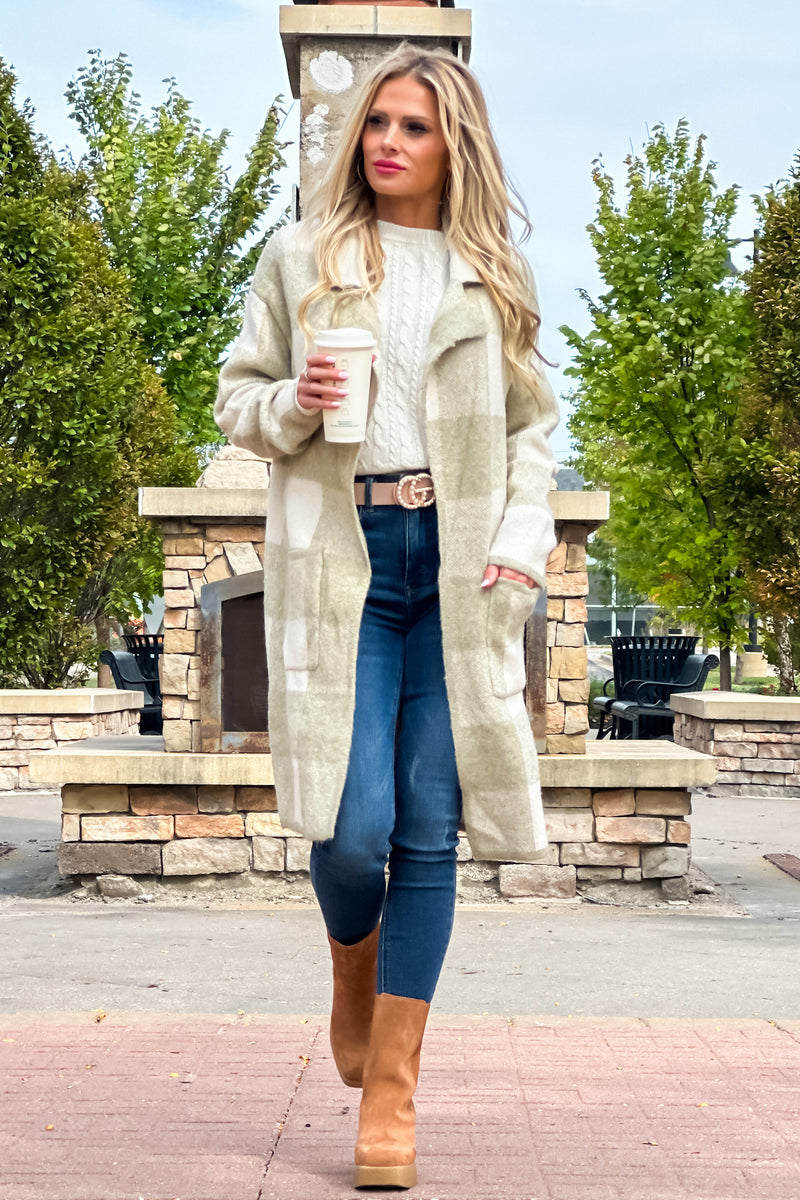 Chill With Me Plaid Open Front Sweater Coat : Olive/Cream