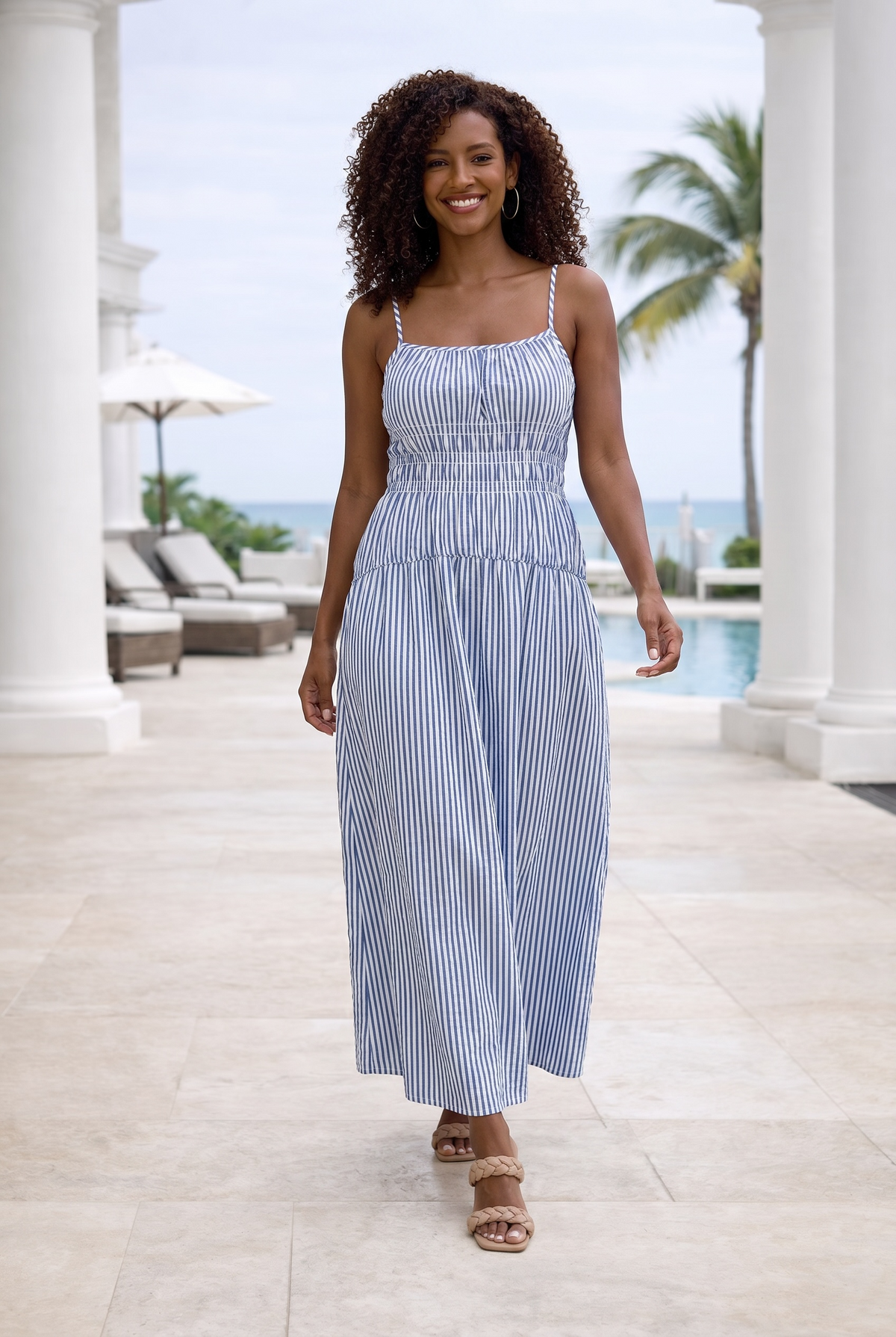 Emberlynn Stripe Spaghetti Strap Long Dress : Navy