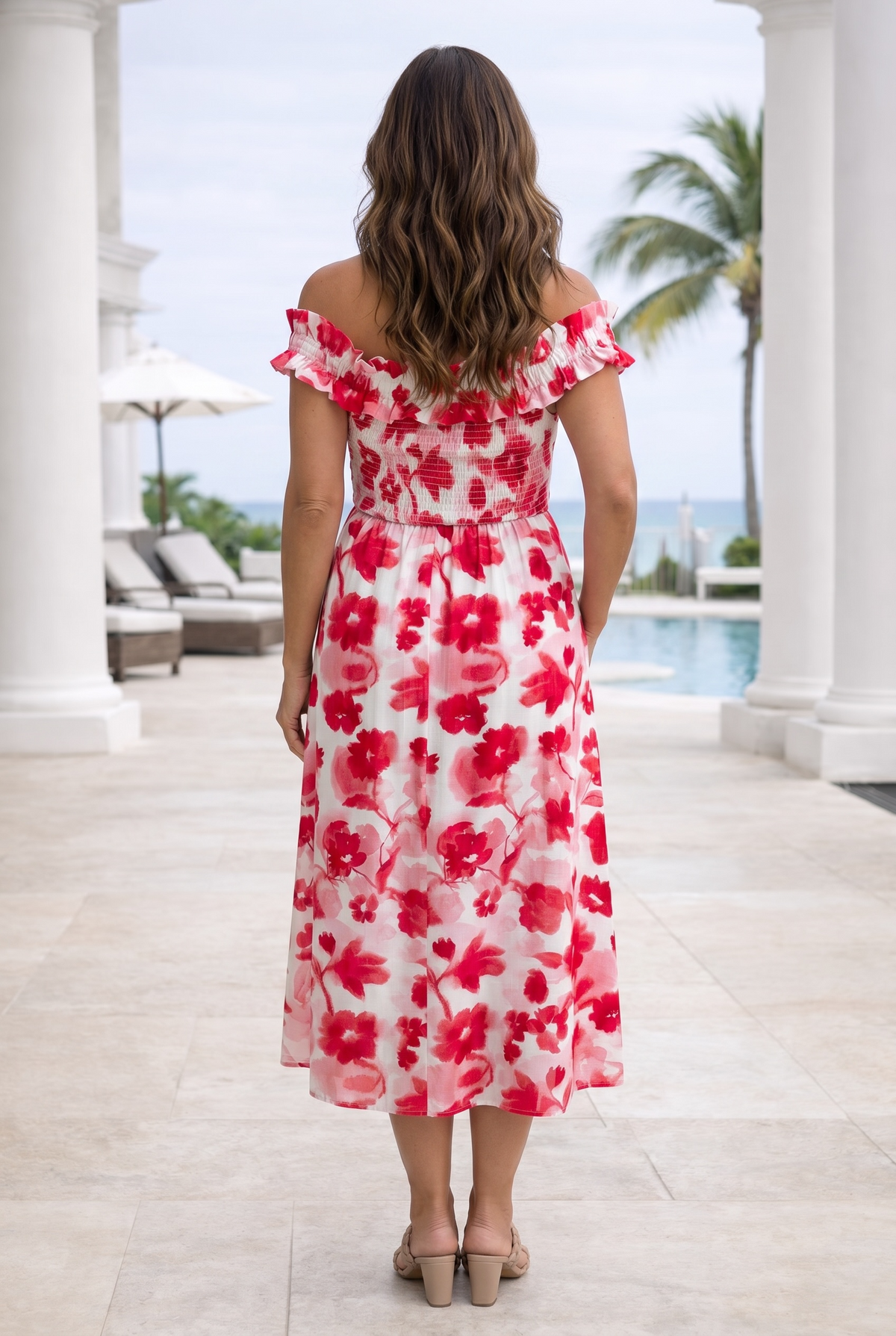 Kimberly Floral Print Off the Shoulder Midi Dress : Red/Cream
