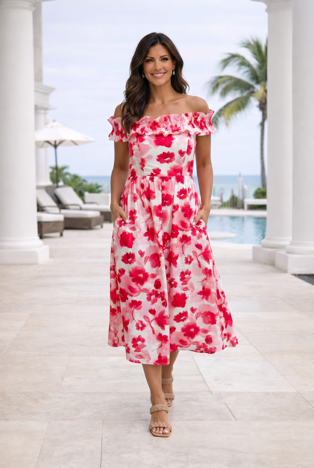 Kimberly Floral Print Off the Shoulder Midi Dress : Red/Cream