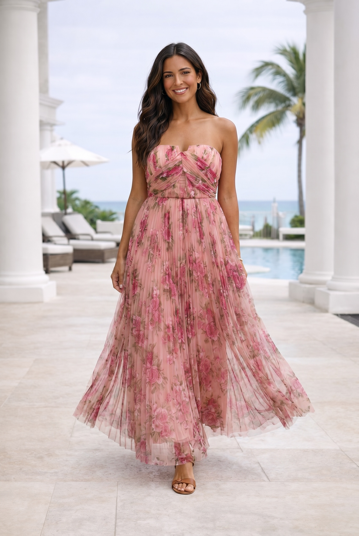 Calanthe Floral Print Mesh Pleated Maxi Dress : Blush Pink