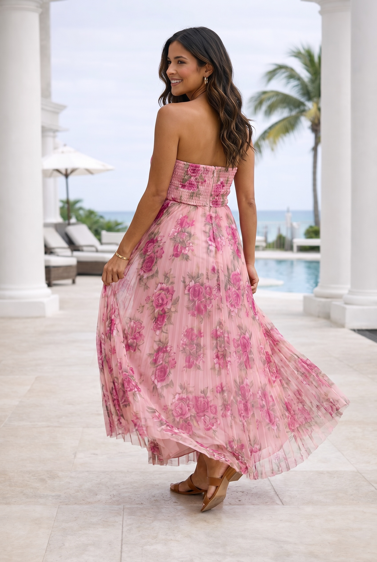 Calanthe Floral Print Mesh Pleated Maxi Dress : Blush Pink