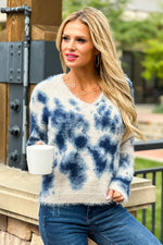 Tribal Zena Fluffy Knit V-Neck Sweater : Blue/Cream