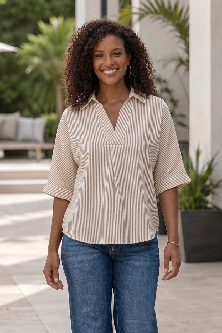 Hensley Striped Top : Taupe/White