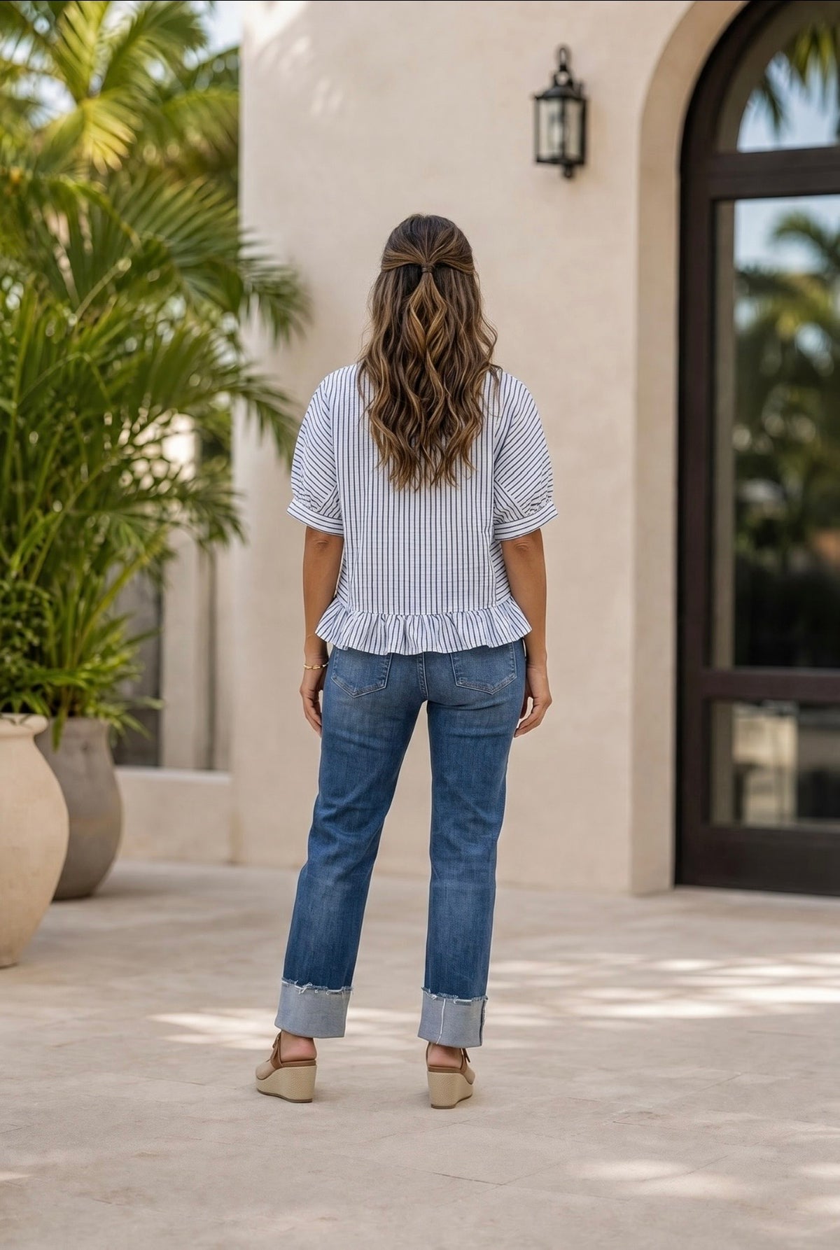 Giabella Button Down Striped Ruffle Detail Top : Navy