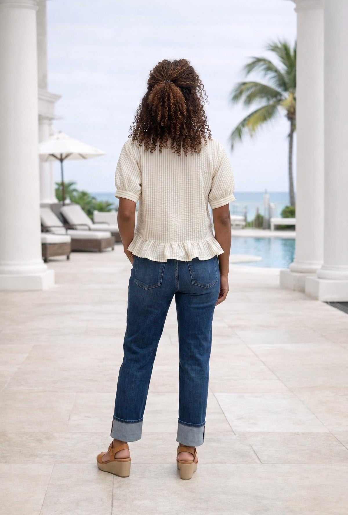 Giabella Button Down Striped Ruffle Detail Top : Natural