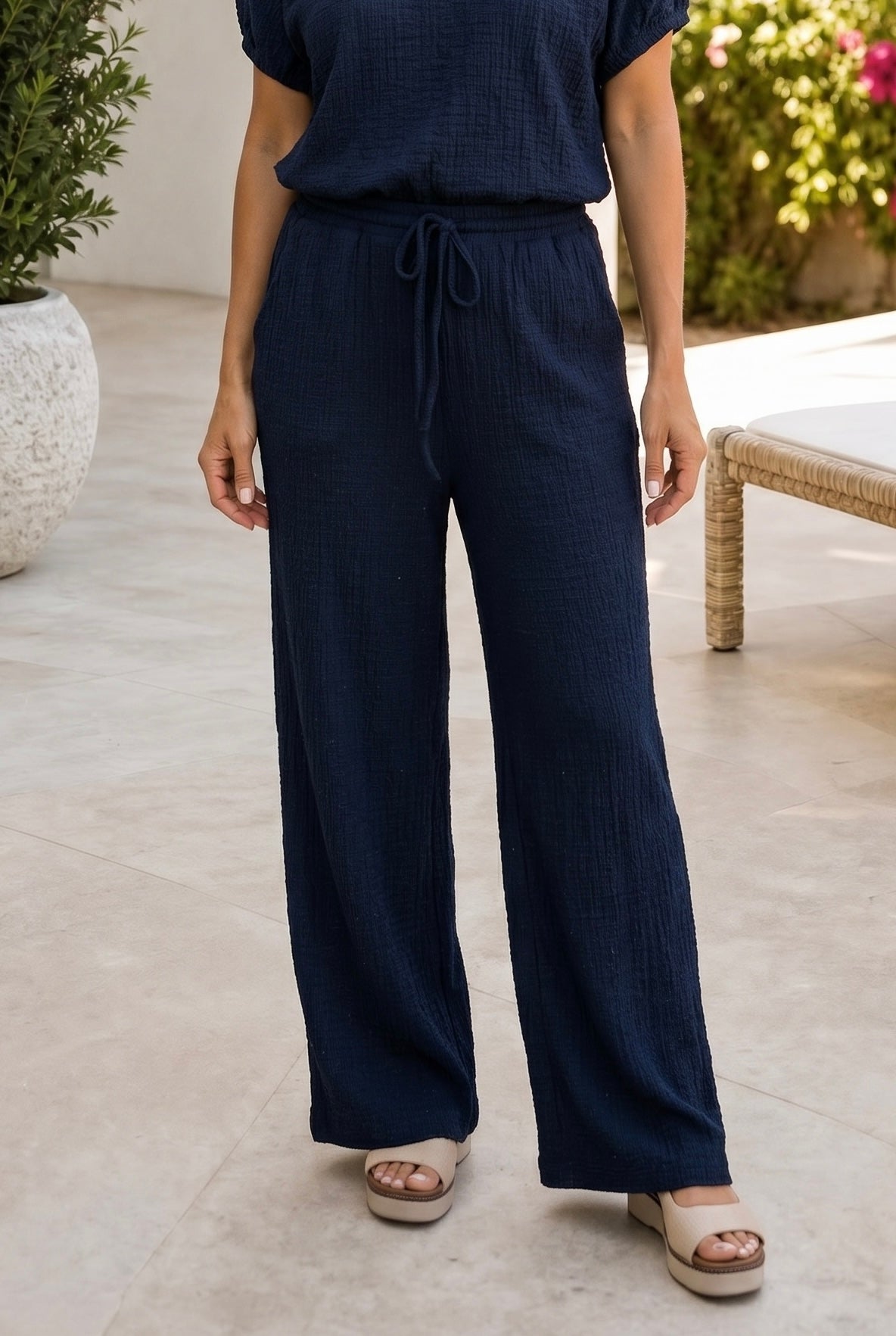 Haislee Textured Knit Elastic Tie Waist Wide Leg Pants : Navy