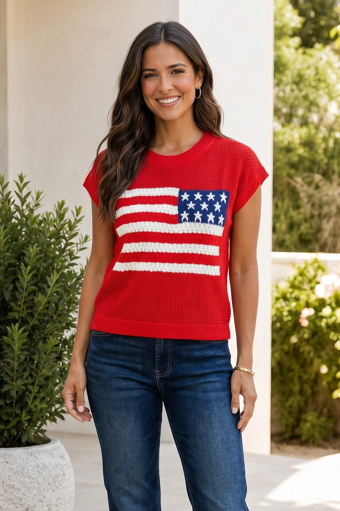 Medina American Flag Knit Sweater Top : Red