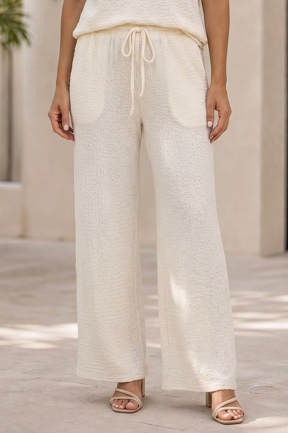 Haislee Textured Knit Elastic Tie Waist Wide Leg Pants : Cream