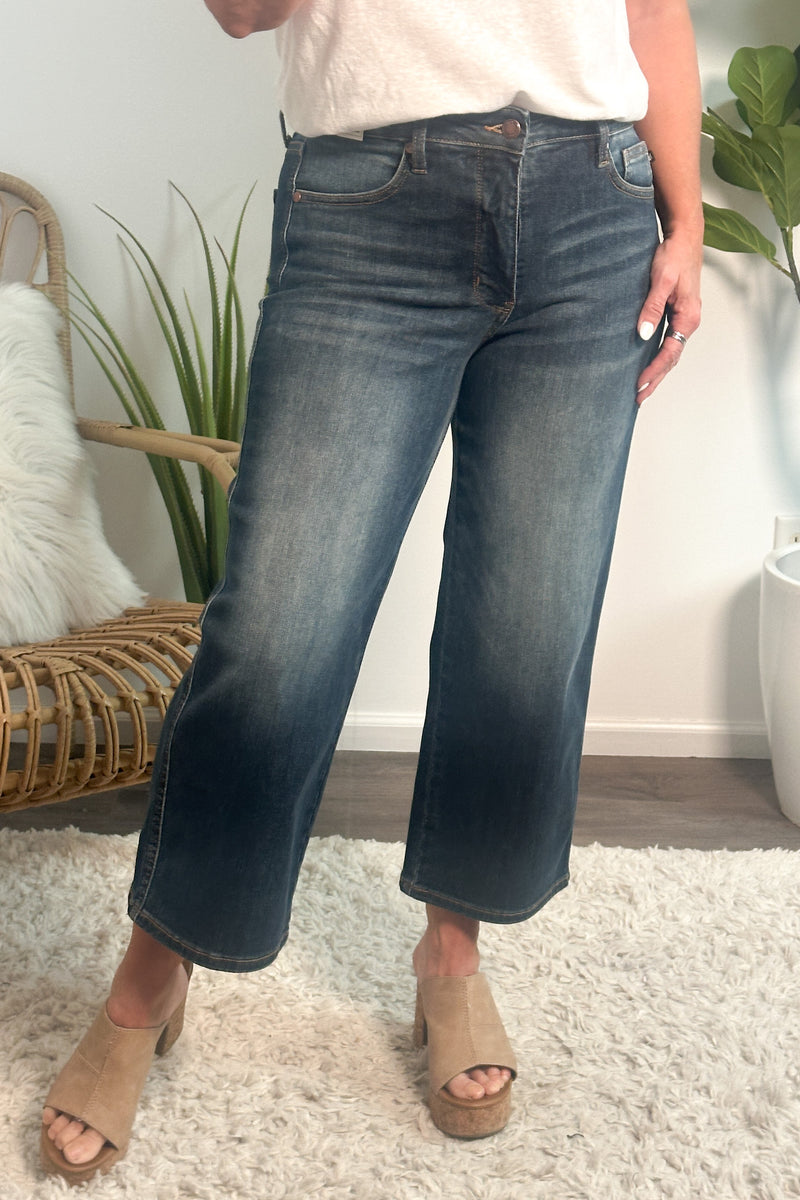 Judy Blue Phoenix Tummy Control Crop Wide Jeans : Dark