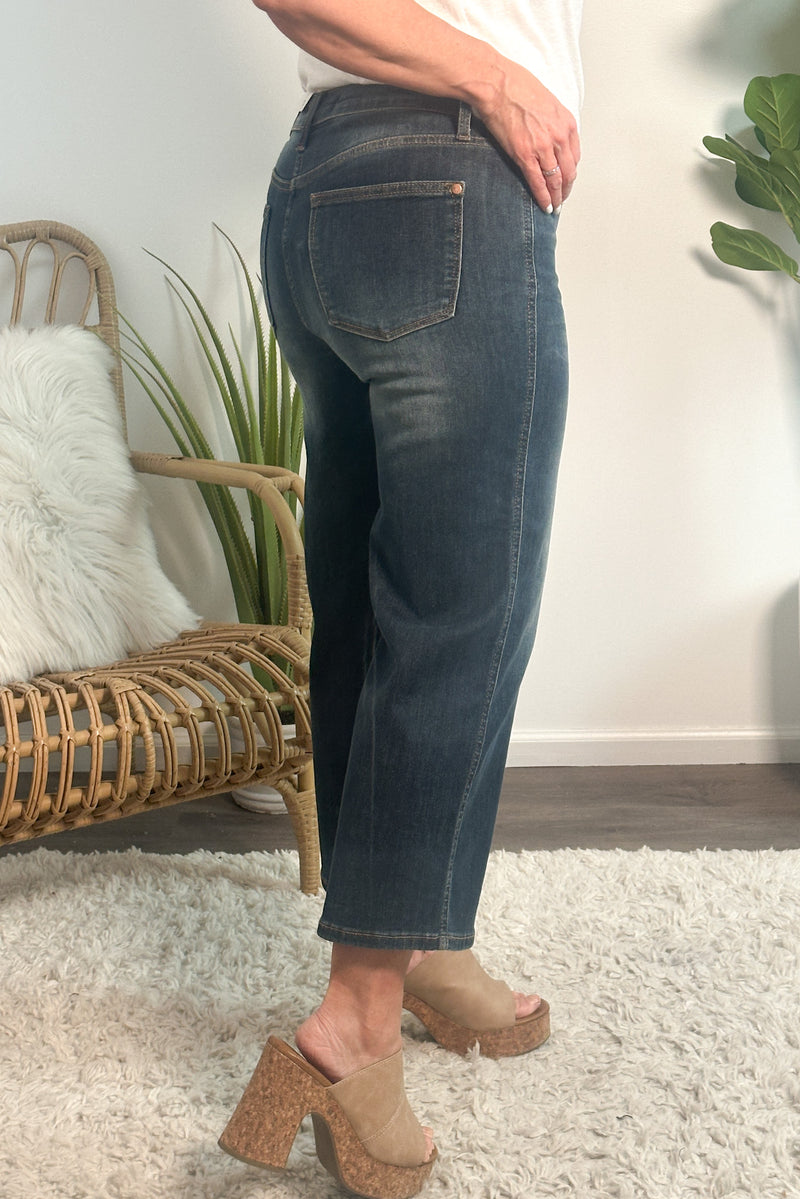 Judy Blue Phoenix Tummy Control Crop Wide Jeans : Dark