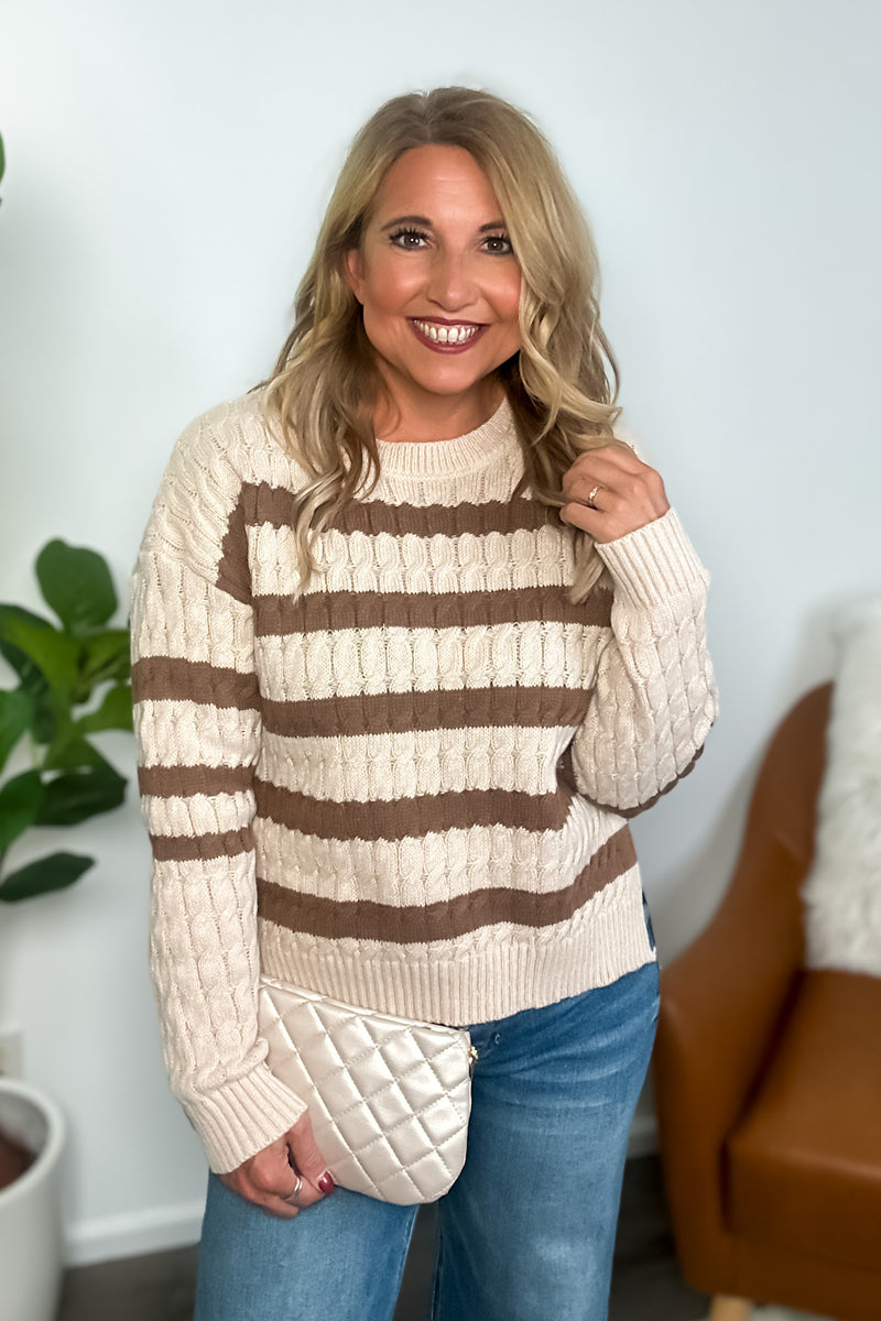 Halo Cable Knit Striped Sweater: Oatmeal