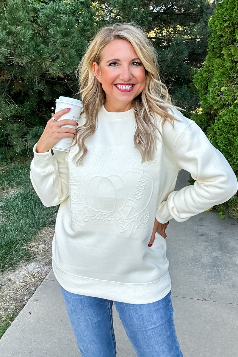 Fall Season Embossed Sweatshirt : Cream