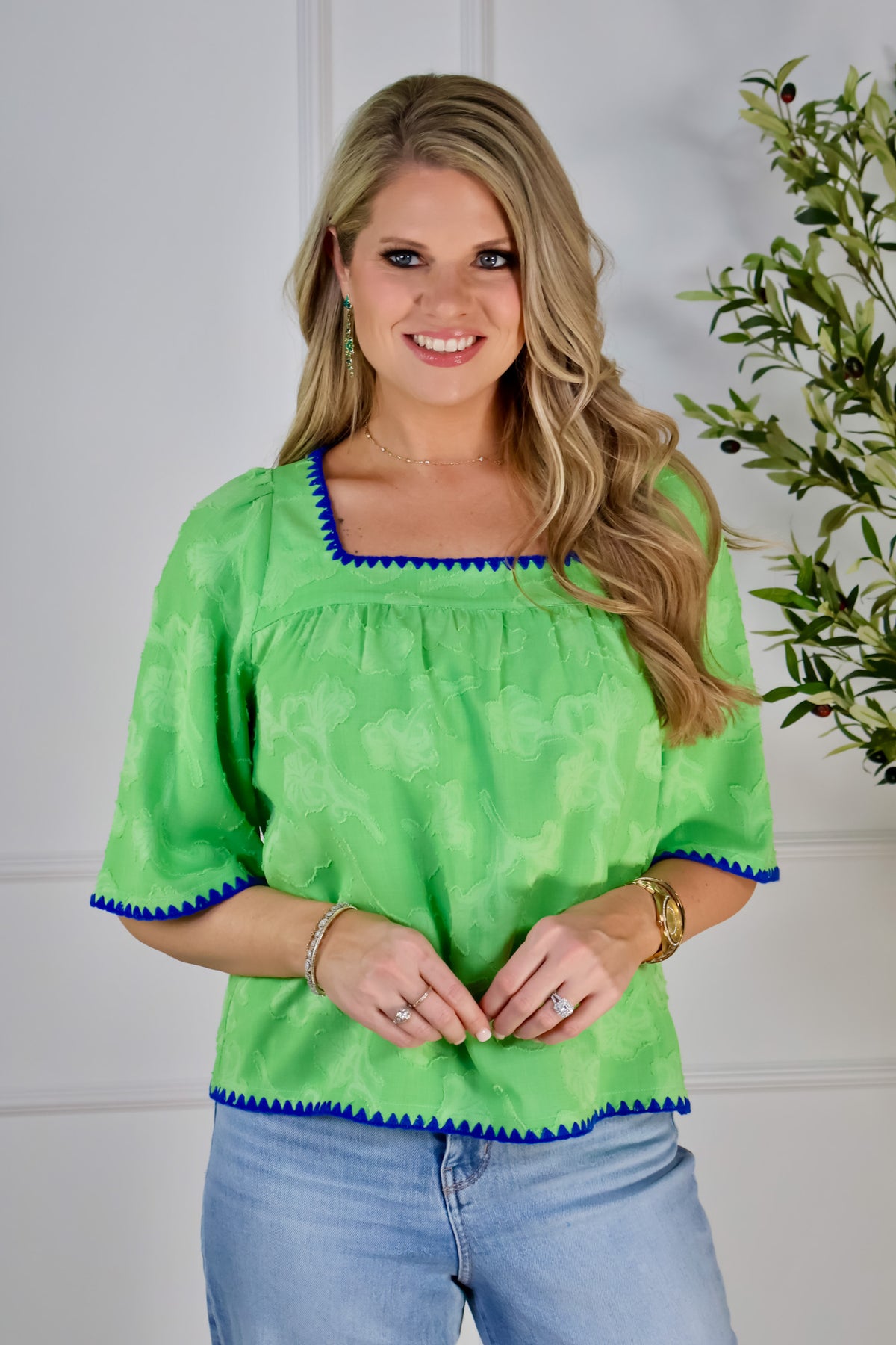 Romina Embroidery Detail Textured Floral Top : Green