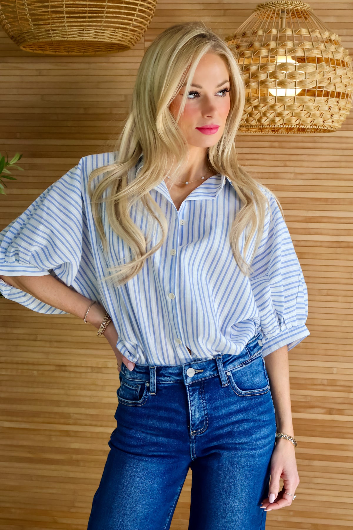 Keira Striped Dolman Bubble Half Sleeve Button Up Top : Light Blue