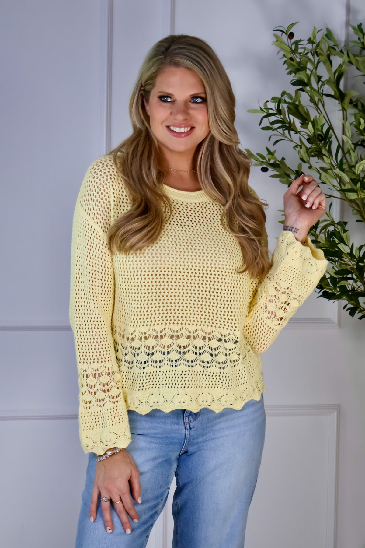 Adalee Light Weight Open Knit Hem Sweater : Yellow