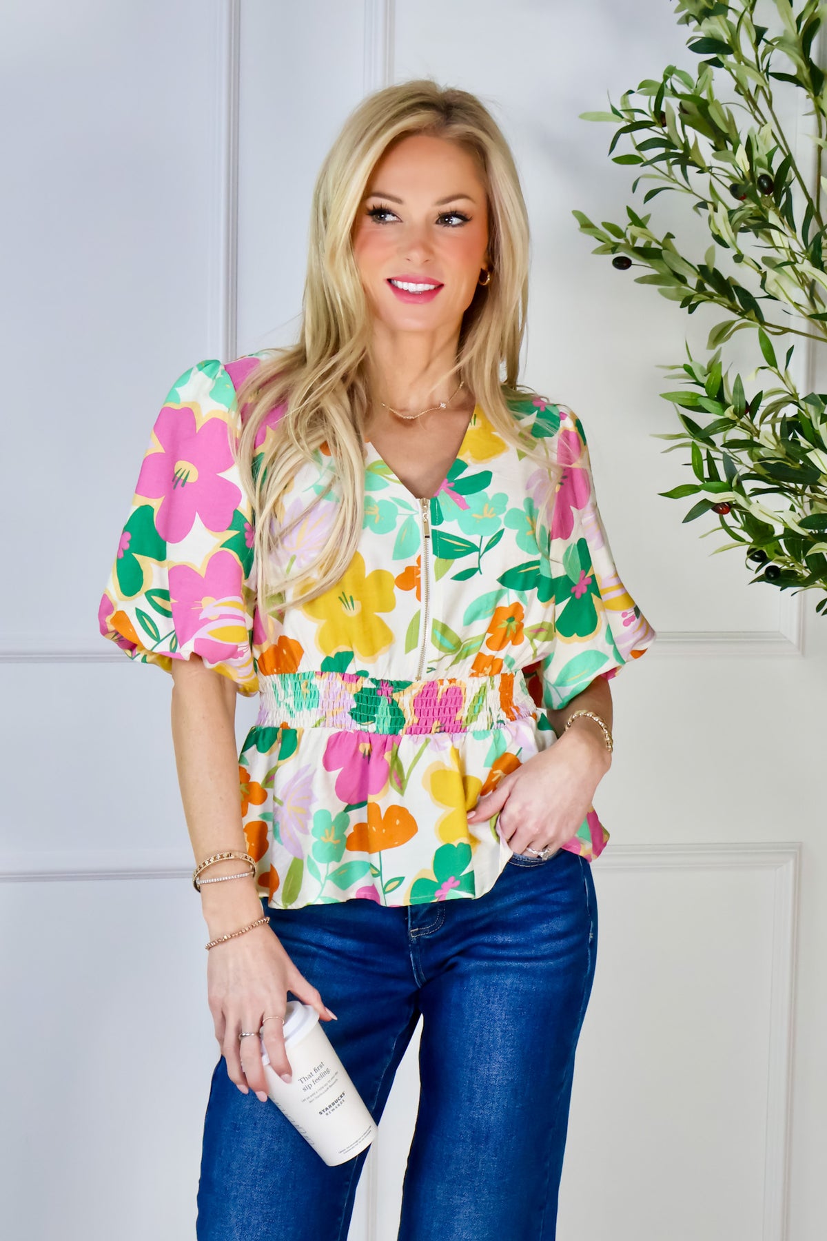 Giana Half Zip V-Neck Floral Peplum Top : Cream Multi
