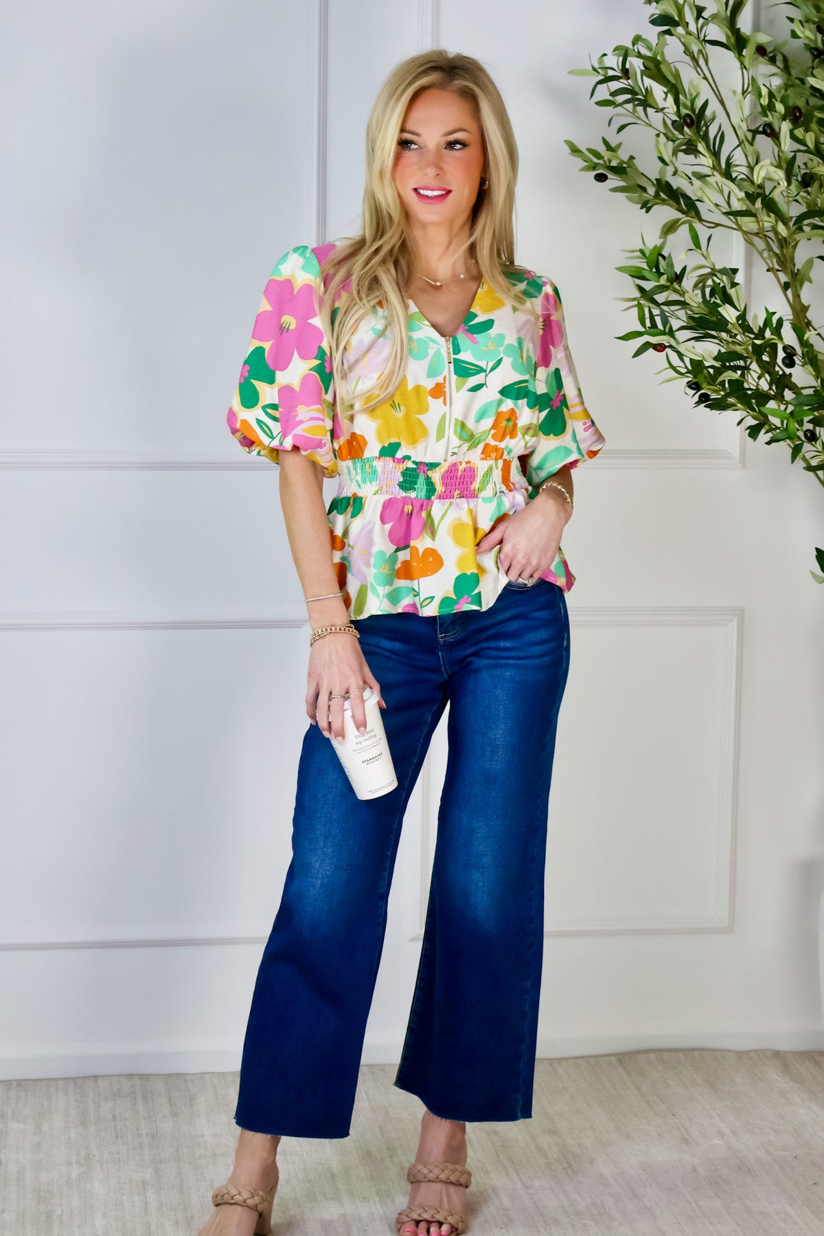 Giana Half Zip V-Neck Floral Peplum Top : Cream Multi