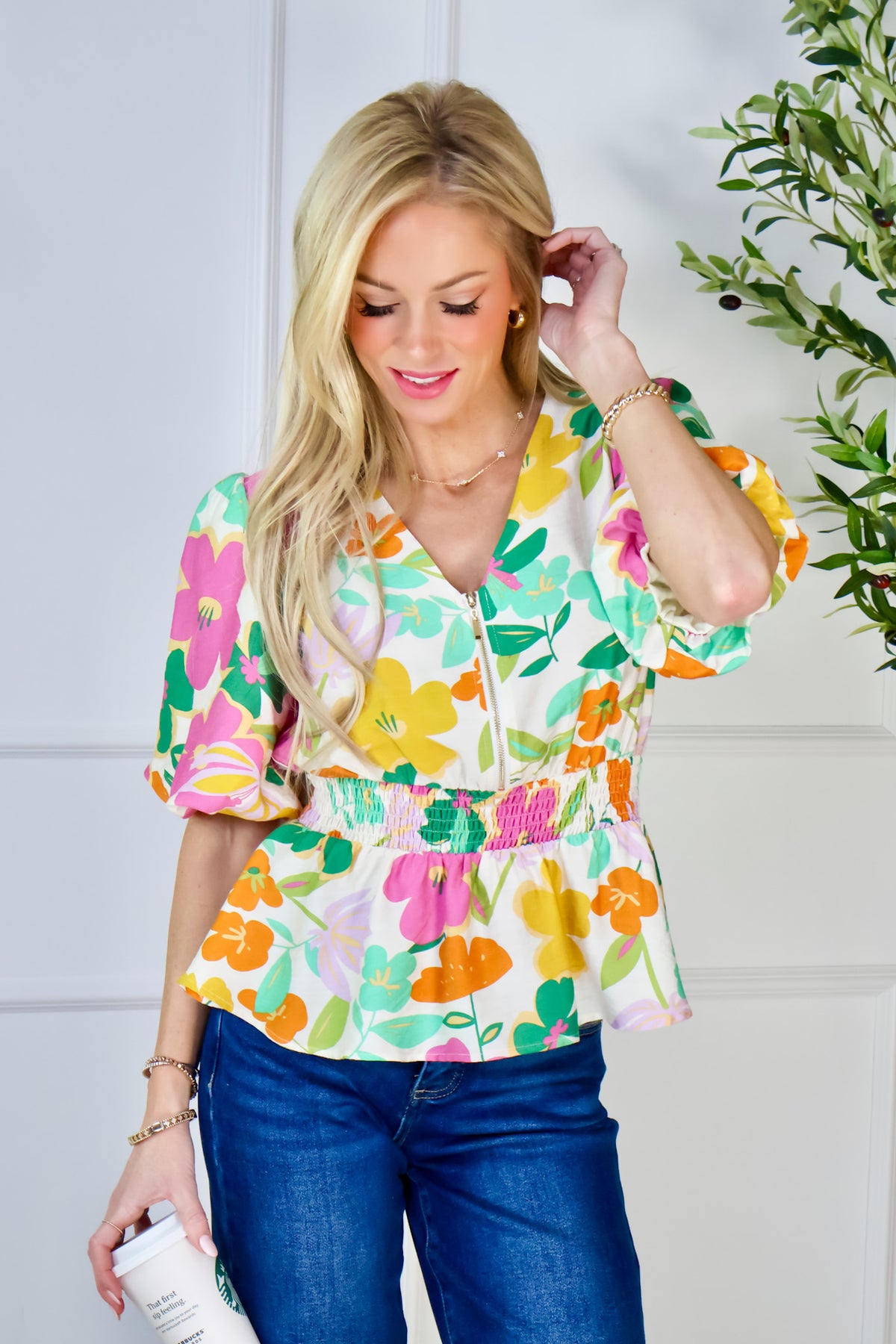 Giana Half Zip V-Neck Floral Peplum Top : Cream Multi