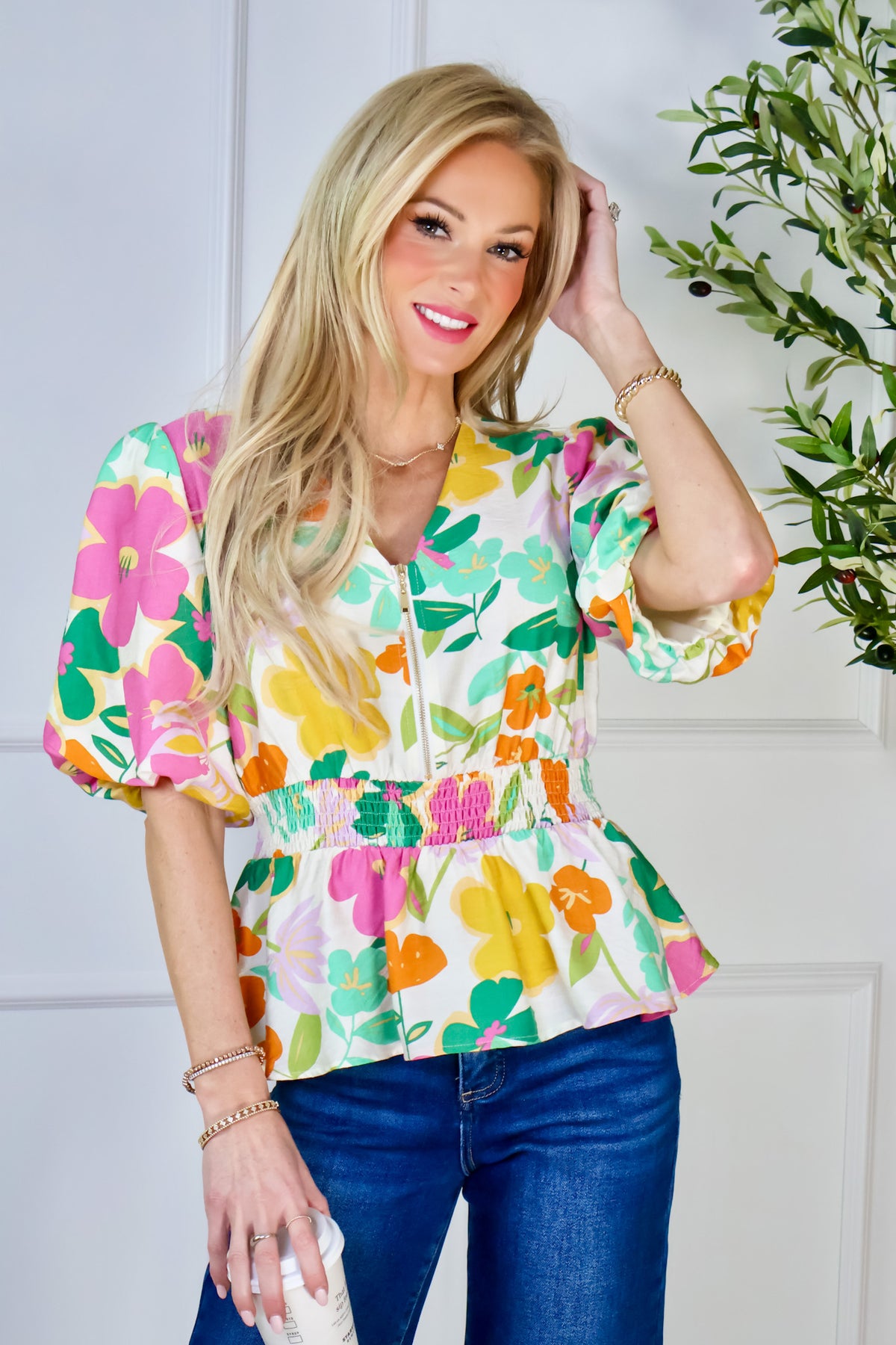 Giana Half Zip V-Neck Floral Peplum Top : Cream Multi