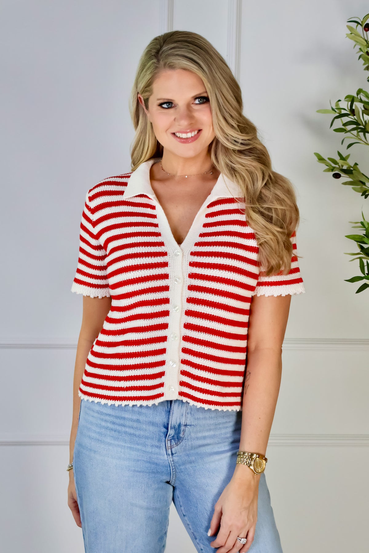 Rayna Collared Striped Button Up Sweater Top : Red/Cream