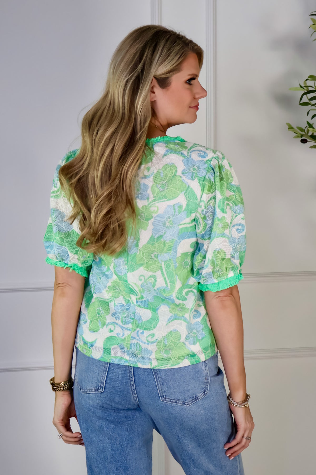 Laylani Floral Embroidery Printed Lace Top : Green