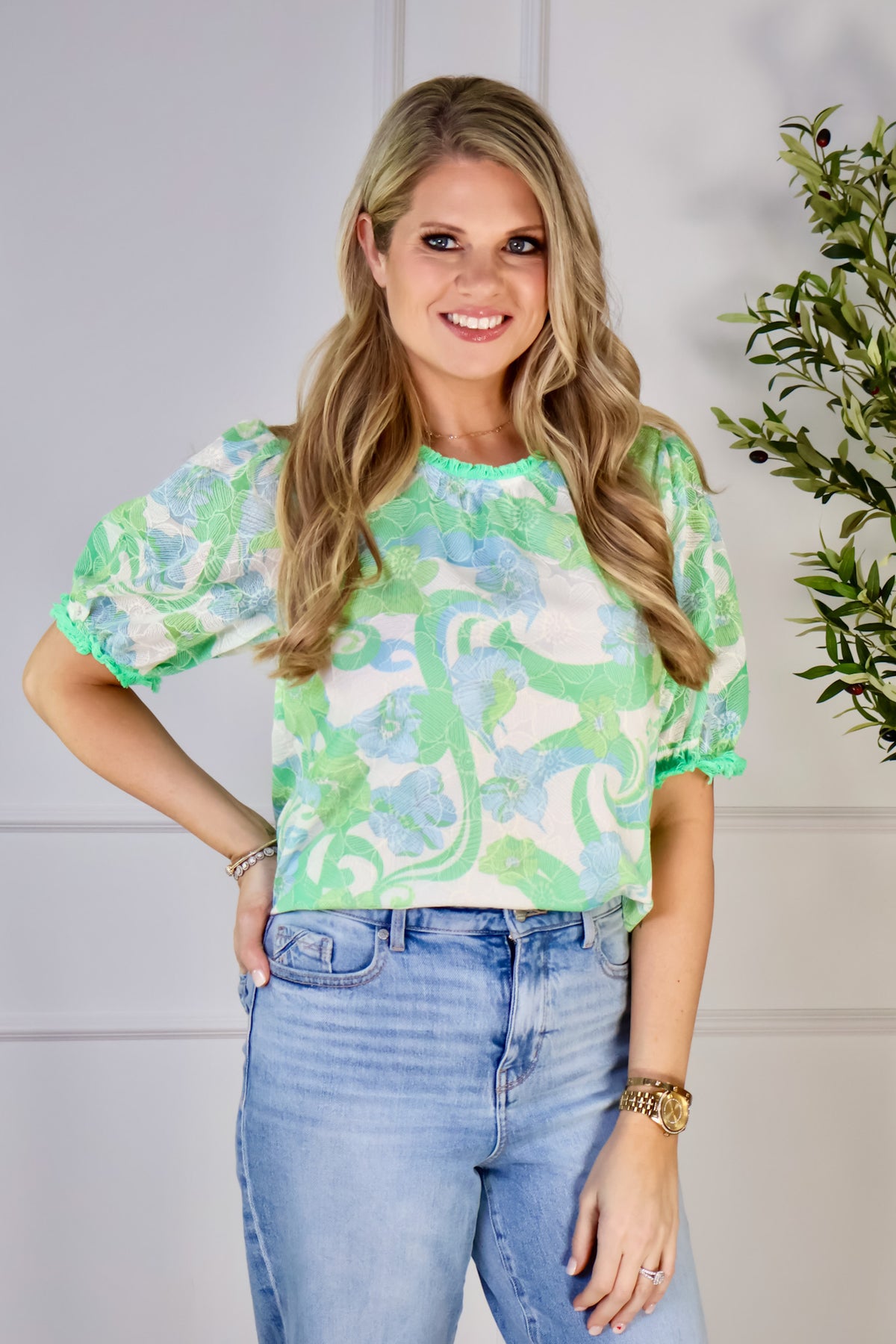 Laylani Floral Embroidery Printed Lace Top : Green
