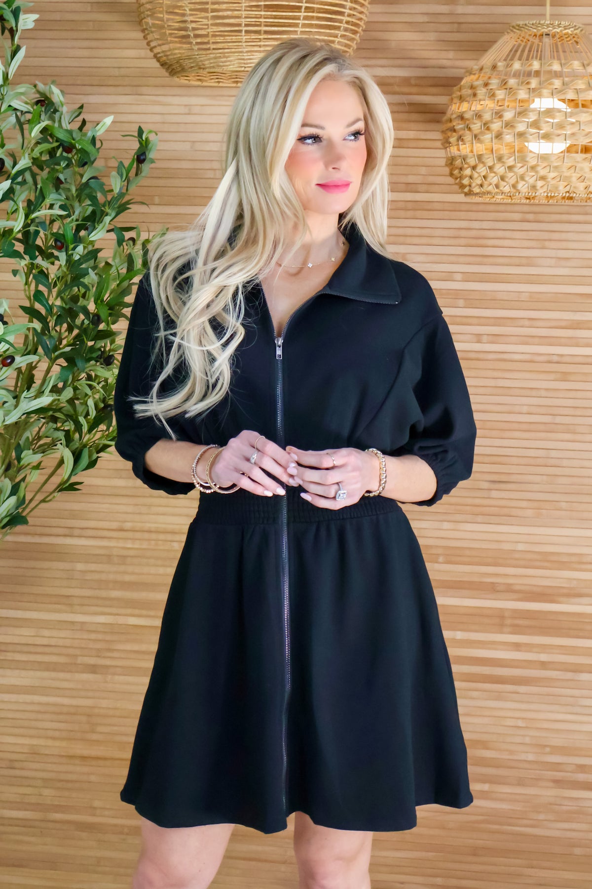 Salma Puff Sleeve Knit Mini Dress : Black