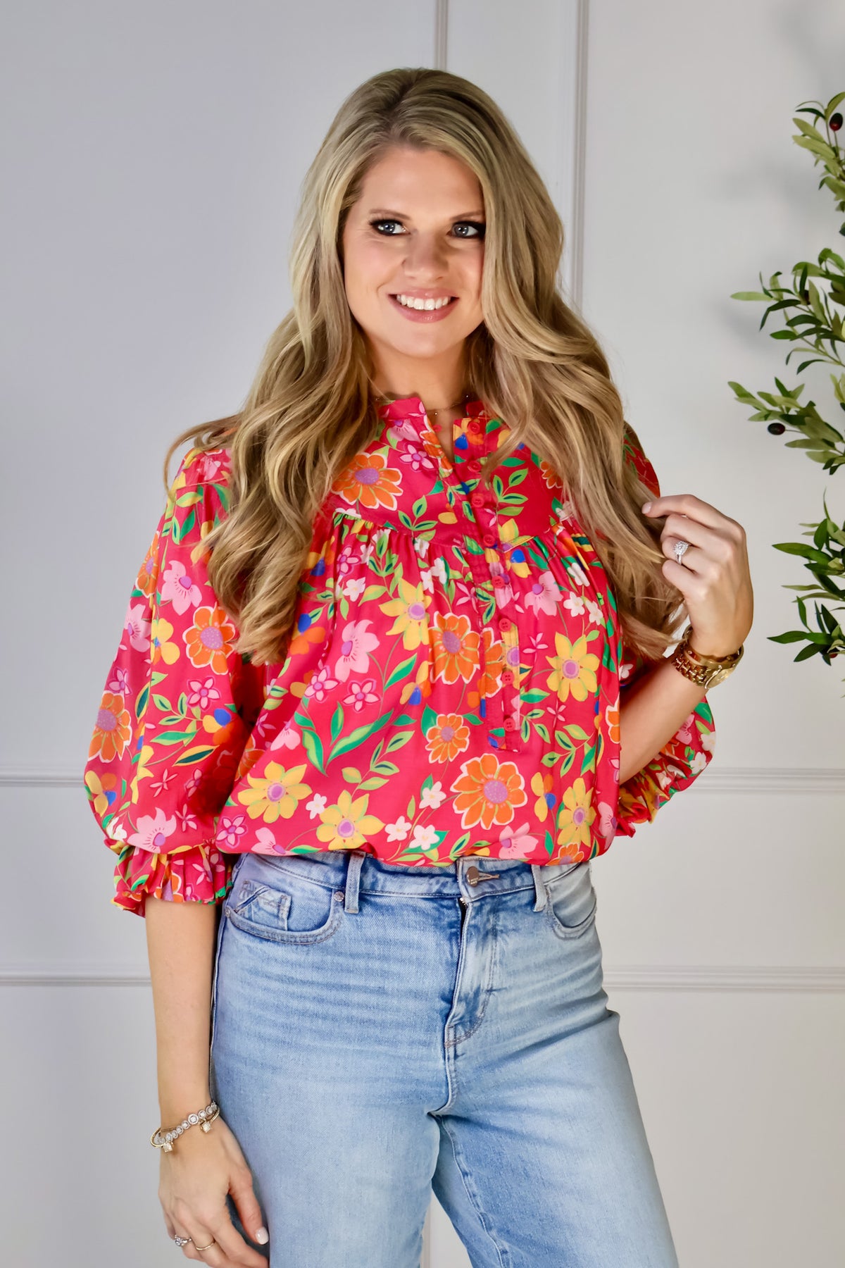 Cynthia Floral Print 3/4 Sleeve Blouse : Pink Multi