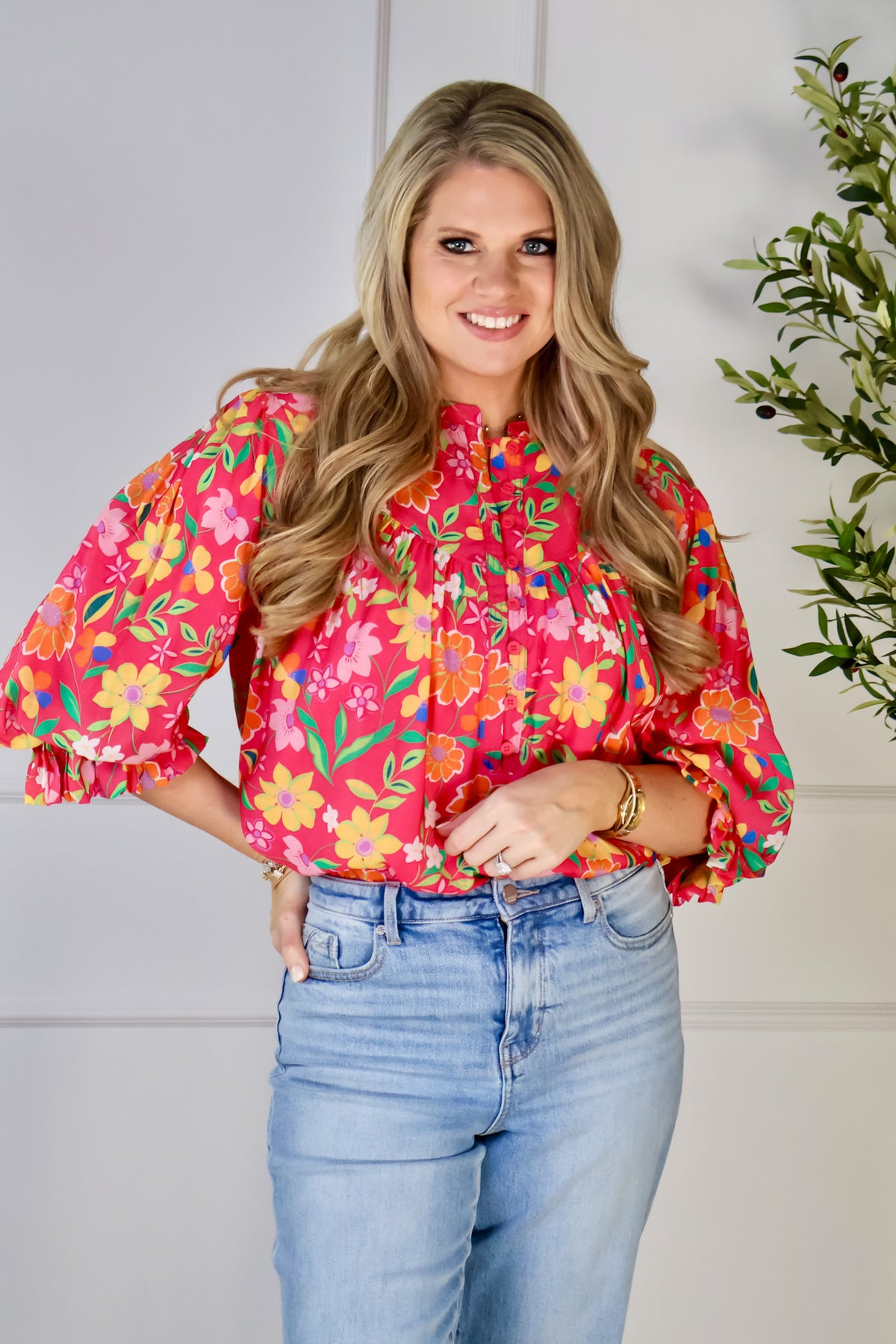 Cynthia Floral Print 3/4 Sleeve Blouse : Pink Multi
