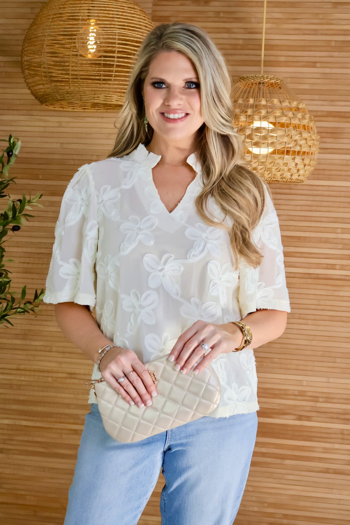 Amelia Floral Textured Solid Short Sleeve Blouse : Ivory