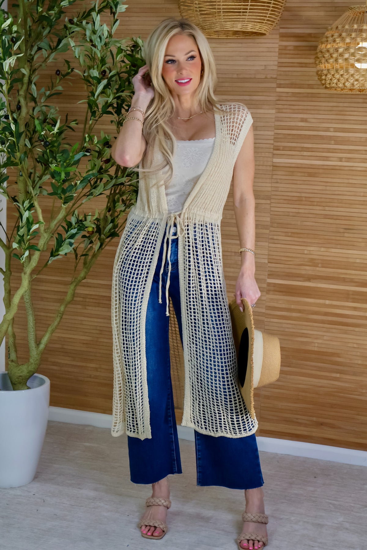 Kathryn Open Weave Knit Sleeveless Front Tie Cardigan : Natural