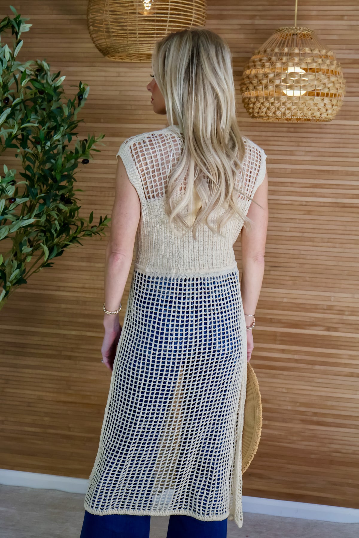 Kathryn Open Weave Knit Sleeveless Front Tie Cardigan : Natural