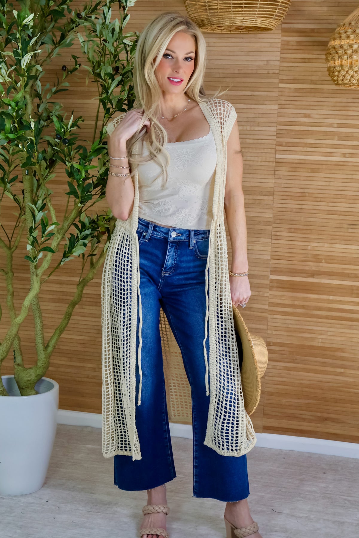 Kathryn Open Weave Knit Sleeveless Front Tie Cardigan : Natural