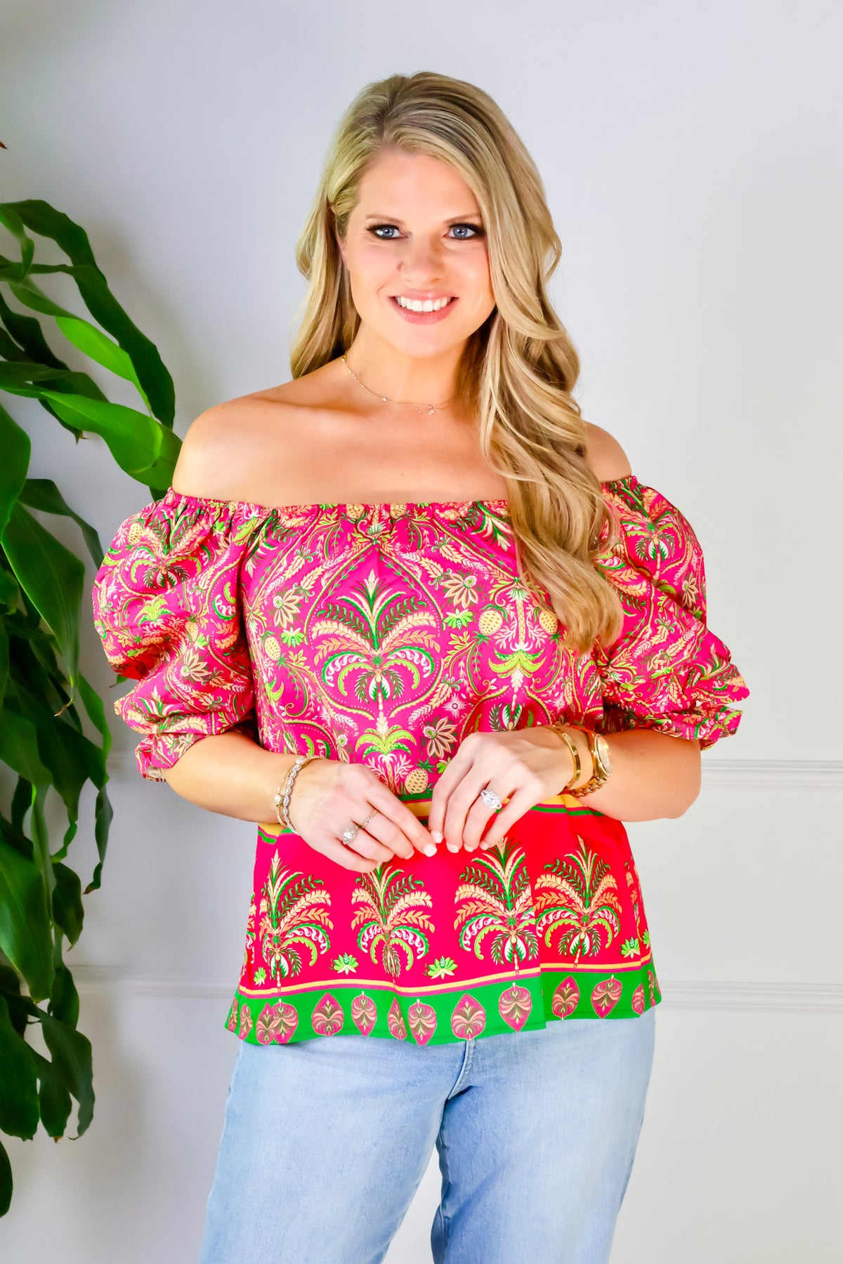 Amirah Botanical Border Print Blouse : Magenta Multi