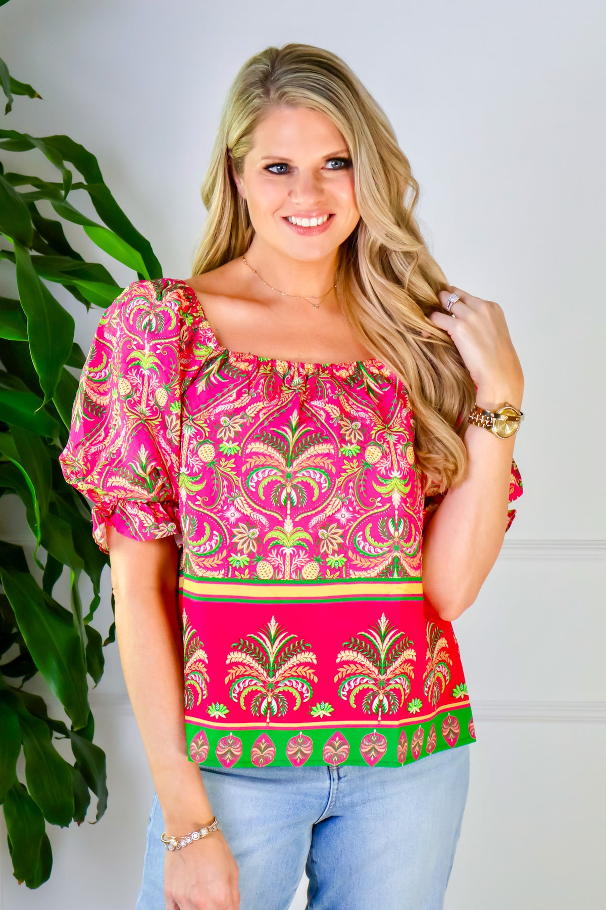 Amirah Botanical Border Print Blouse : Magenta Multi