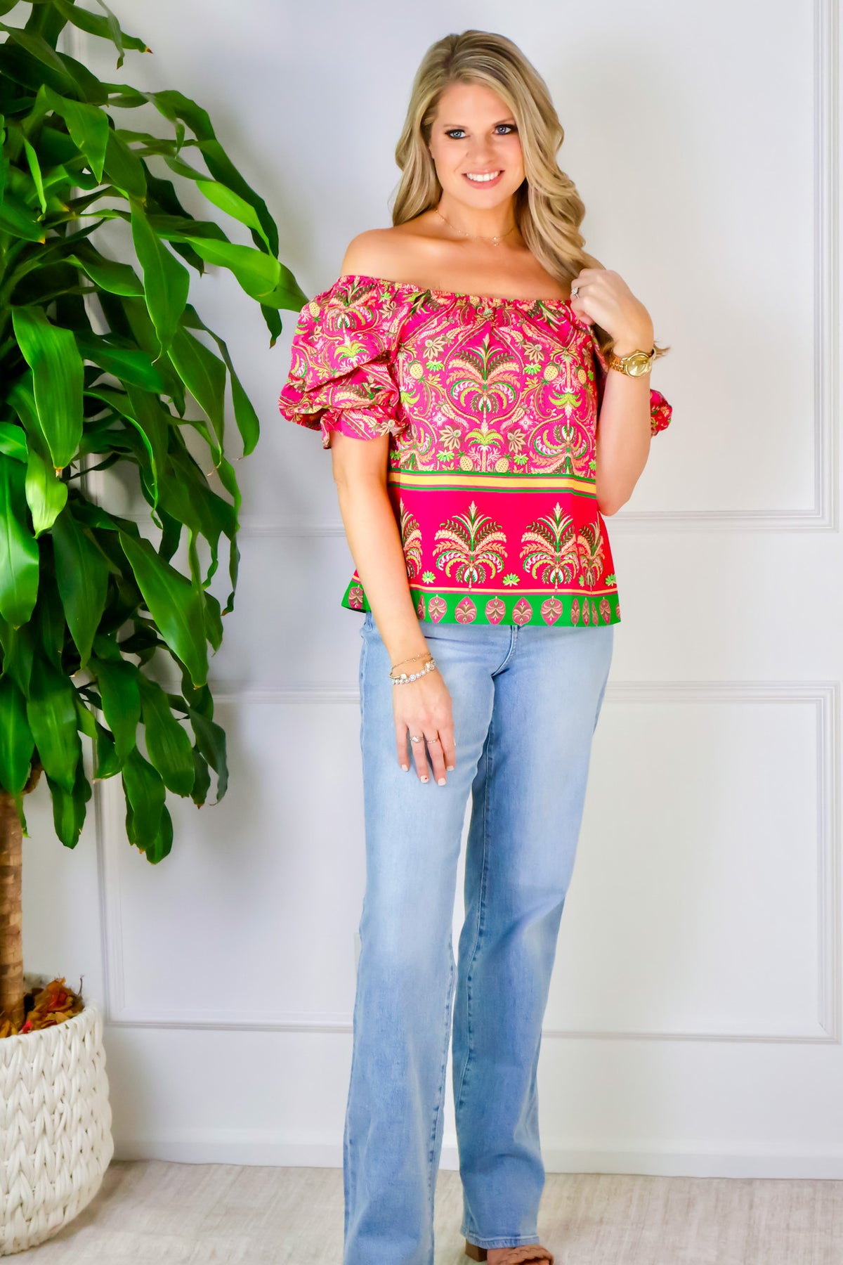 Amirah Botanical Border Print Blouse : Magenta Multi