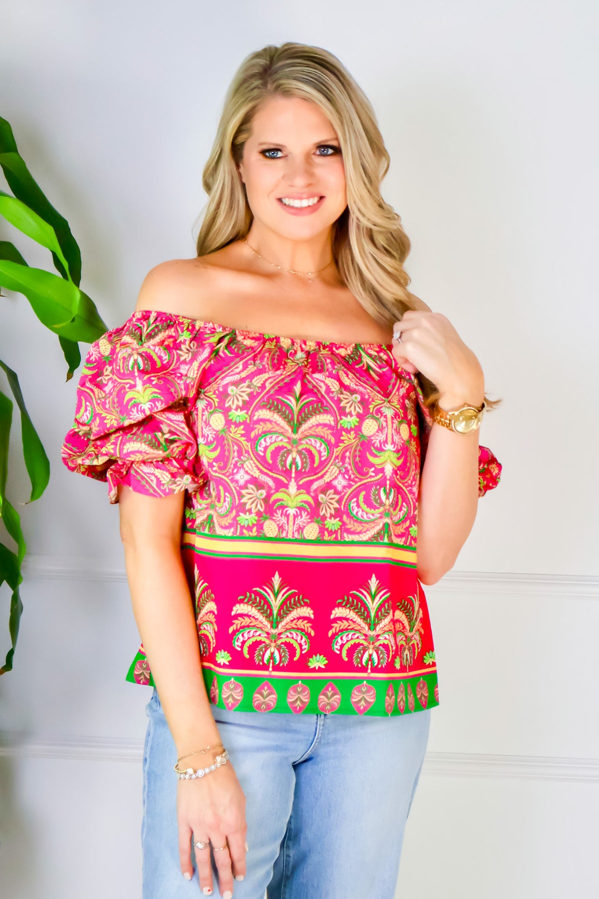 Amirah Botanical Border Print Blouse : Magenta Multi