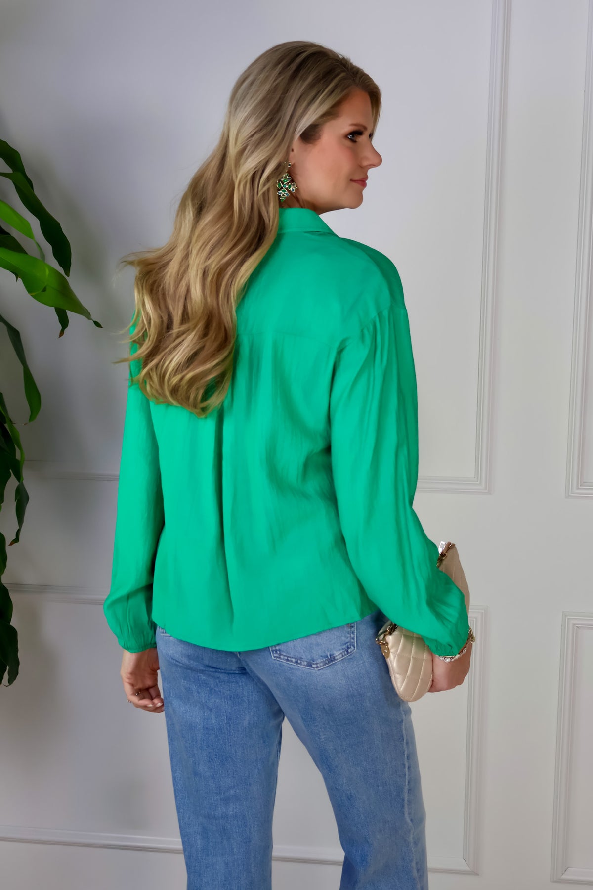 Raelyn Textured Collared Long Sleeve Blouse : Green