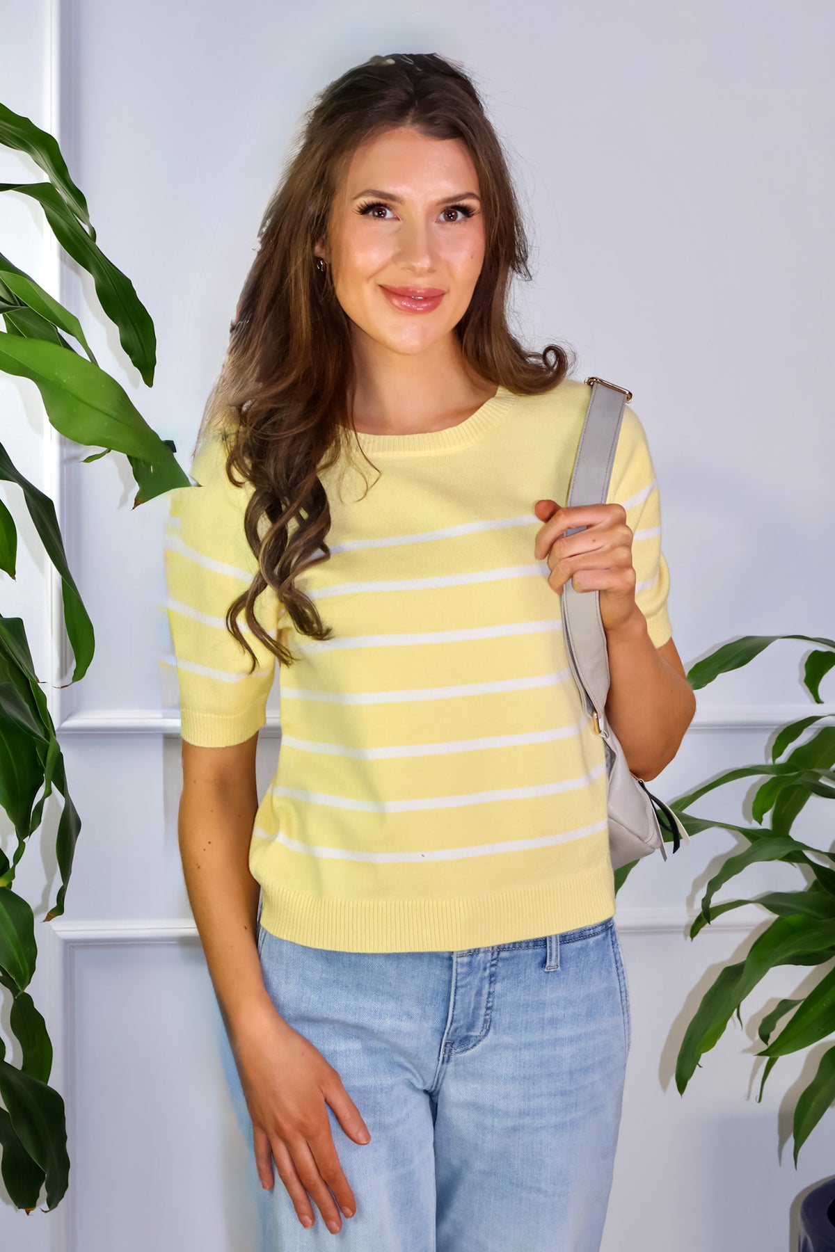Elaina Soft Fine Gauge Short Sleeve Striped Top : Yellow