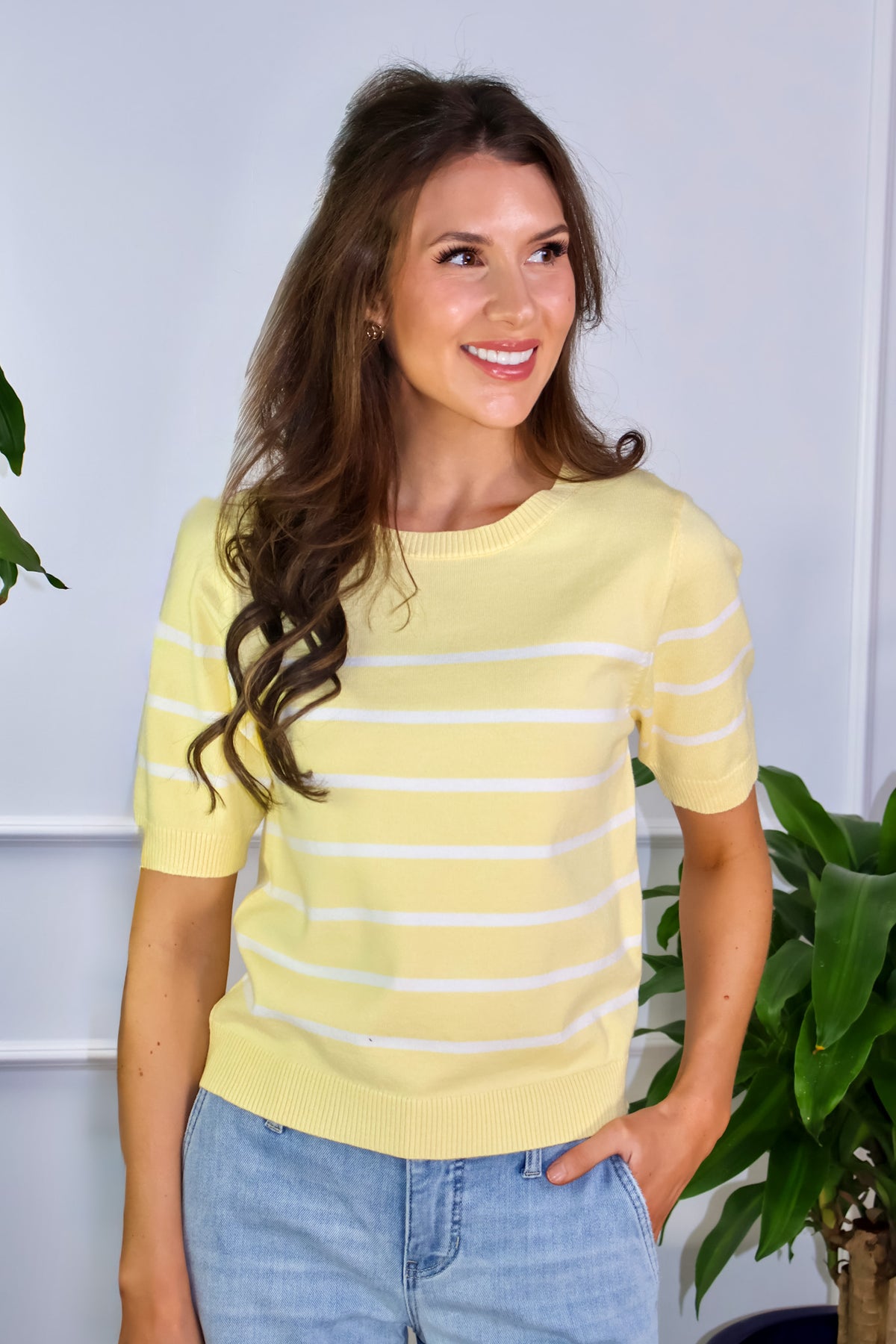 Elaina Soft Fine Gauge Short Sleeve Striped Top : Yellow