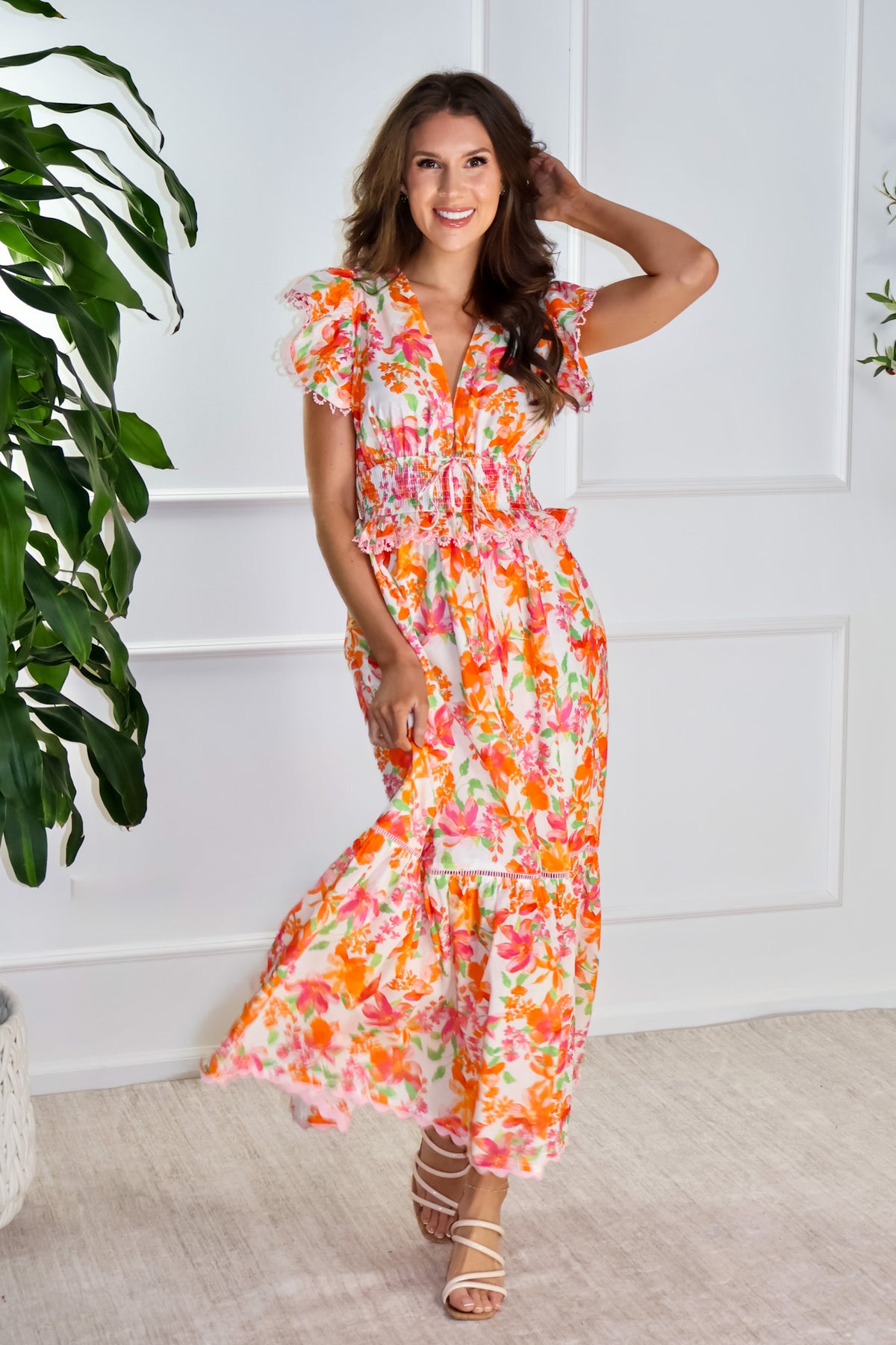 Camila Lace Trim Detail V-Neckline Maxi Dress : Cream Multi