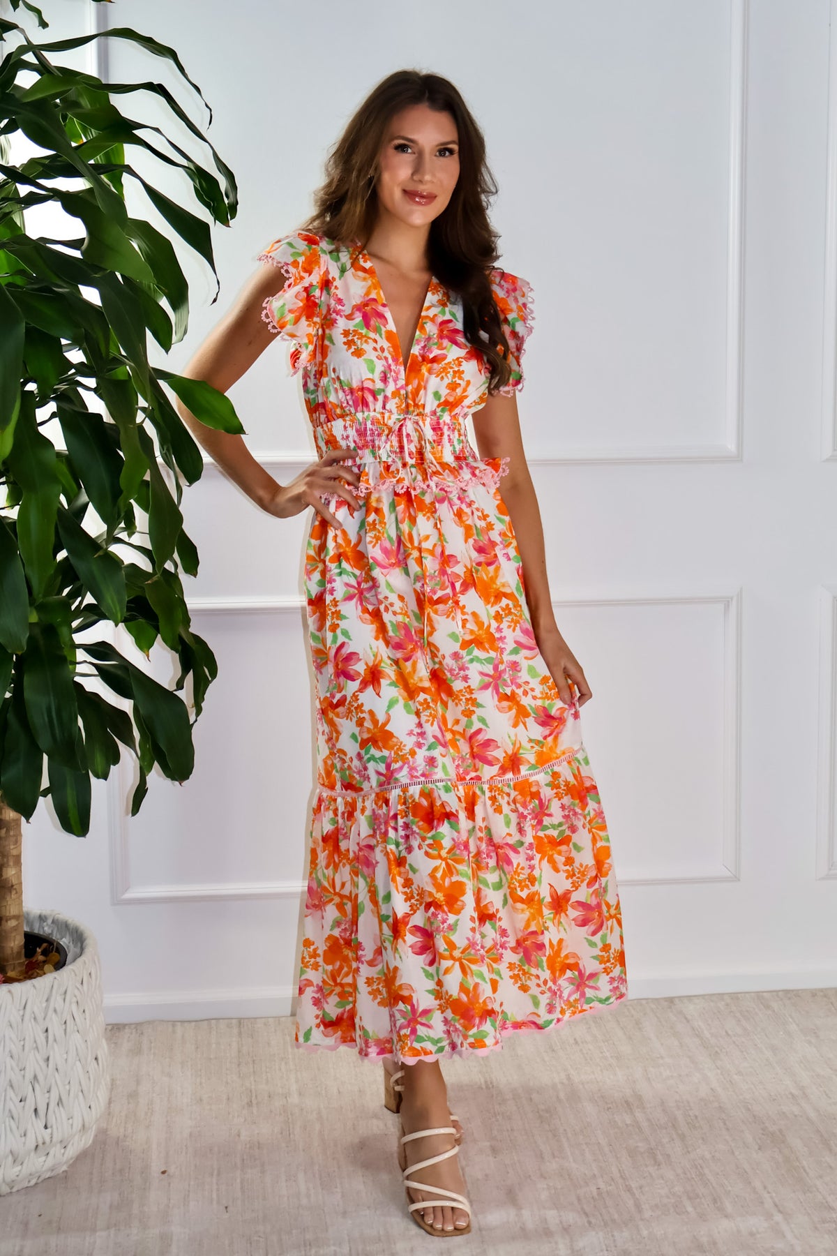 Camila Lace Trim Detail V-Neckline Maxi Dress : Cream Multi