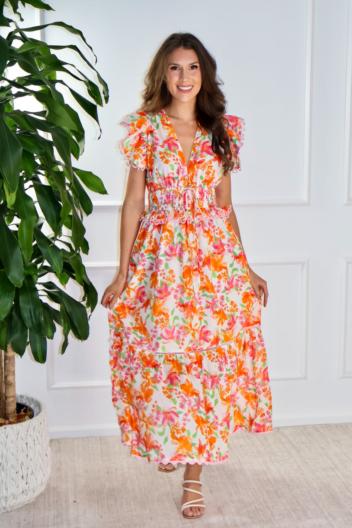 Camila Lace Trim Detail V-Neckline Maxi Dress : Cream Multi